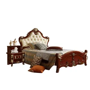 Cama individual de cuero elegante y duradera, cama de madera tallada antigua en venta