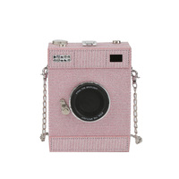 Sac bandoulière rose en forme d'appareil photo avec strass, chaîne argentée, pochette fantaisie, sac à main de soirée scintillant pour femme