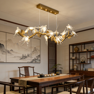 Lampadario a sospensione moderno in ottone massiccio con rami e uccelli in vetro, lampada a sospensione lunga per tavolo da pranzo e soggiorno - Product Image 2