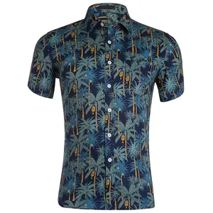 RTS Custom all over printing Resort Aloha hawaiian beach wear Palm Tree 100% Combed Cotton Sea island cotton shirt