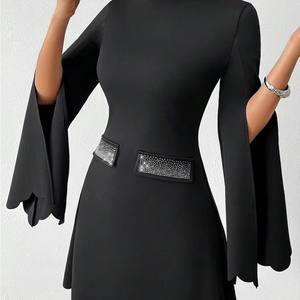 Nouvelle Robe Décontractée Noire pour Femme, Coupe Slim Évasée, Longueur Genou, Taille Naturelle, Printemps, Automne, Été, ODM 2026 - Product Image 1