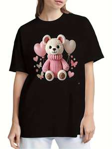 T-shirt da donna con stampa orsetto carino, manica corta, girocollo, in morbido cotone, casual, per tutte le stagioni, tessuto jersey - Product Image 1