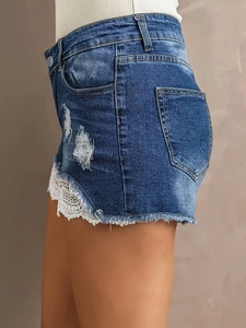 Short en jean décontracté sexy pour femme, taille mi-haute, coupe skinny droite, délavé, avec dentelle, grande taille, idéal pour l'été - Product Image 3