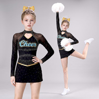 Ensemble de performance pour compétition d'équipe : Uniforme de cheerleading personnalisé OEM pour filles, noir et or, avec strass, haut en résille à manches longues et jupe