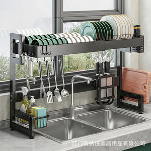 Estante de almacenamiento para fregadero de cocina Najie, escurridor de platos multiusos para encimera con ganchos colgantes y soporte para cubiertos para platos y tazones - Product Image 1