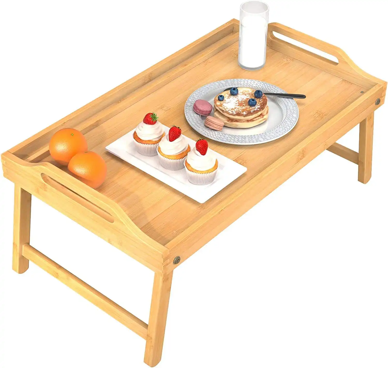 Custom Logo Bamboo Folding Serving Breakfast Food Bed Table Tray Adjustable Height Legs With Phone Holder
