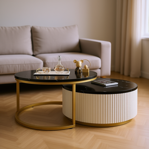 Table basse ronde moderne à emboîter, design cannelé, plateau en marbre, structure métallique, mobilier de salon - Product Image 2