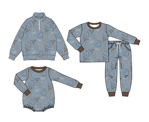 Tenues personnalisées pour garçons : Hauts et barboteuses en soie de lait gris à imprimé cœurs, pour tout-petits et enfants, vêtements de la Saint-Valentin, vente en gros pour frères - Product Image 2
