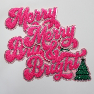 Parches bordados grandes de Feliz Navidad ecológicos personalizados, parches de chenilla y purpurina rosa para ropa con capucha - Product Image 1