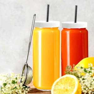 Botellas de jugo de vidrio de 16OZ con tapas herméticas Frascos reutilizables para beber Tazas DE AGUA DE VIAJE Albañil alto para jugo Boba Smoothie Tea - Product Image 4