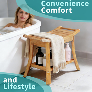 Tabouret de salle de bain en bambou banc de douche siège organisateur de bain spa en bois à 2 niveaux avec étagère de rangement en dessous - Product Image 2
