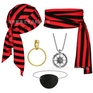 Pirate Costume Set <b>Red</b> Bandana Eyepatch Compass Necklace Waist Scarf Cosplay Accessory Women's Party Outfit - Product Image 4