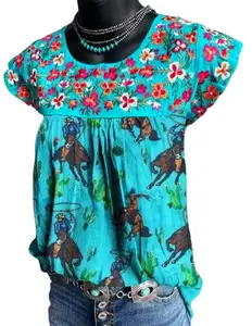 Western Horse Flower Printed S-5XL Cotton Blouses O Neck Short Sleeve T Shirts Cowgirls 2023