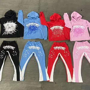 Custom 100% cotton cropped hoodie mens and flare sweat pants set screen puff print flared sweatpants two pieces track suit