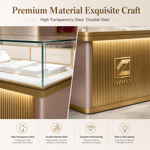 Vitrine de présentation de bijoux sur piédestal moderne de luxe, éclairage LED, verre ultra clair, cadre doré, armoire en MDF, étanche - Product Image 3
