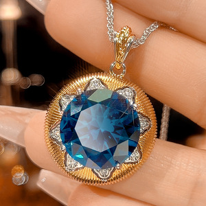 Fashion Eco-friendly <b>Copper</b> Wedding Necklace Sets for Women Jewelry 16-12mm Blue Round Zircon Bridal Pendant Earrings Set - Product Image 6