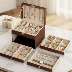 Boîte de rangement à bijoux en bois écologique haut de gamme personnalisée par le fournisseur, à quatre niveaux, avec serrure, pour boucles d'oreilles, colliers, bagues, bracelets, montres - Product Image 2