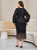 Robe de soirée sexy mi-longue à manches longues en sequins, avec coutures en laine peignée, pour femme, grande taille