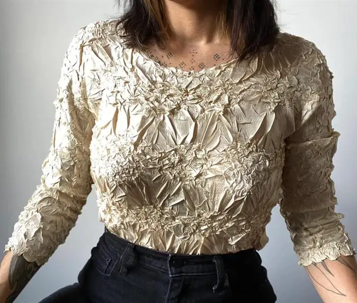 women's polyester satin vintage crinkle texture stretchy top blouse