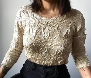 Blusa elástica vintage de satén y poliéster para mujer, blusa con textura de arrugas