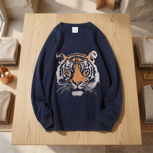 Men's <b>Navy</b> Blue Tiger Print Crewneck <b>Sweatshirt</b> Regular Fit Cotton Knitted Pullover Casual Autumn Wear - Product Image 4