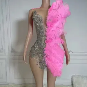 long new Unique Design Rhinestone Hot Pink Dress With Feathers Glitter Diamond Club Party Dress Women Performance Wear Ballroom