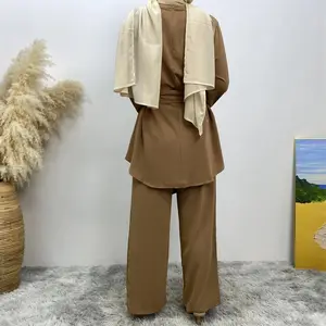 OEM Customized Muslim Fashion Women's Clothing Fashion Simple Atmosphere Set Islamic Wide Leg Pants Muslim Lace-up Suit