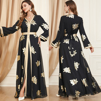 3371 dame broderie florale ceinturée caftan marocain fête arabe femmes robe fendue à manches longues Ramadan Eid musulman deux pièces Abaya