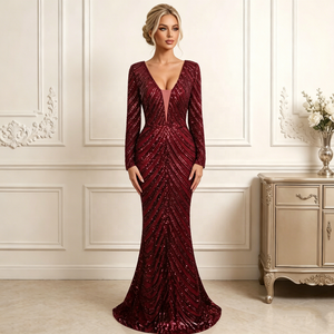 Abito da sera in <span class=keywords><strong>Chiffon</strong></span> rosso lungo fino al pavimento per donne di fascia alta con Silhouette a coda di pesce lucida a maniche lunghe - Product Image 3