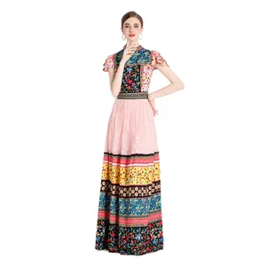 European station summer new vintage print lace panels fly fly sleeve dress long skirt XC5063075