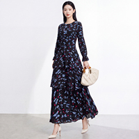 Robe longue plissée décontractée en mousseline de soie à imprimé floral vintage pour femme, coupe trapèze froncée, tissée naturellement, automne-hiver