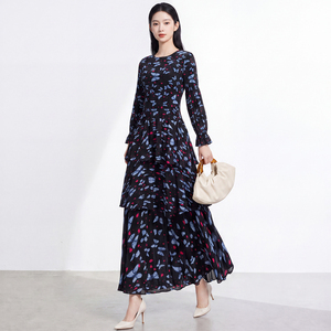 Robe longue plissée décontractée en mousseline de soie à imprimé floral vintage pour femme, coupe trapèze froncée, tissée naturellement, automne-hiver - Product Image 3