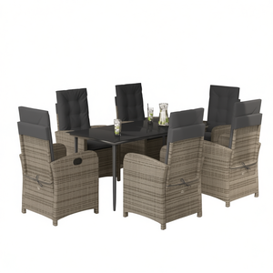 Set da pranzo da giardino 6 posti in rattan con cuscini, elegante combinazione di colori nero e grigio per esterni - Product Image 1