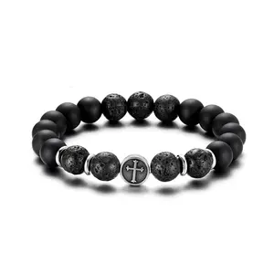 Fashion Religion Stainless steel Cross Men 10mm Natural Stone Lava Rock Black Agate Beads Adjustable Bracelet Elastic Bracelet