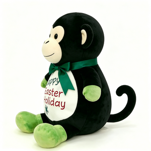 Customized Easter Holiday <b>Monkey</b> Plush <b>Toy</b>, Black Sitting Stuffed Animal with Green Bow Tie & Embroidered Text - Product Image 1