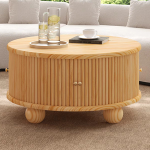 Modern Durable Round Fluted Coffee Table with Storage Pine <b>Solid</b> <b>Wood</b> Sliding Door Living Room Furniture - Product Image 1