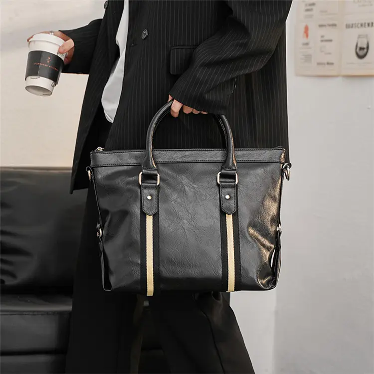 กระเป๋าถือหนัง PU เทรนด์กันน้ำได้,กระเป๋าสะพายข้างกระเป๋าแล็ปท็อปกระเป๋าเอกสารผู้ชายพร้อมแถบสีดำและสีขาว