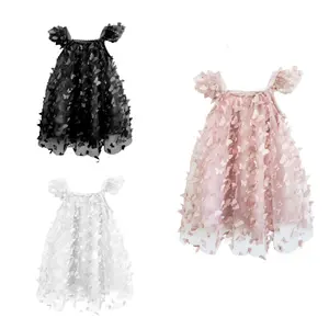 2022 Summer New Butterfly 3D Embroidered Chiffon Kids Dress Cute Flying Sleeve Tulle Sling Princess Girls Smocked Dresses