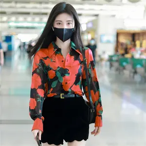 TurnDown Neckline Collar Red Floral Print Simulated Rose Silk Shirt Long Sleeve French Fashion Blouses Elegant Women Clothing