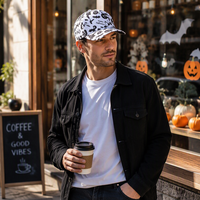 Cappellino da Baseball Personalizzato a 6 Pannelli con Visiera Curva, Stampa Silhouette Halloween in Bianco e Nero, Fornitore OEM ODM, Vendita all'Ingrosso Diretta dalla Fabbrica