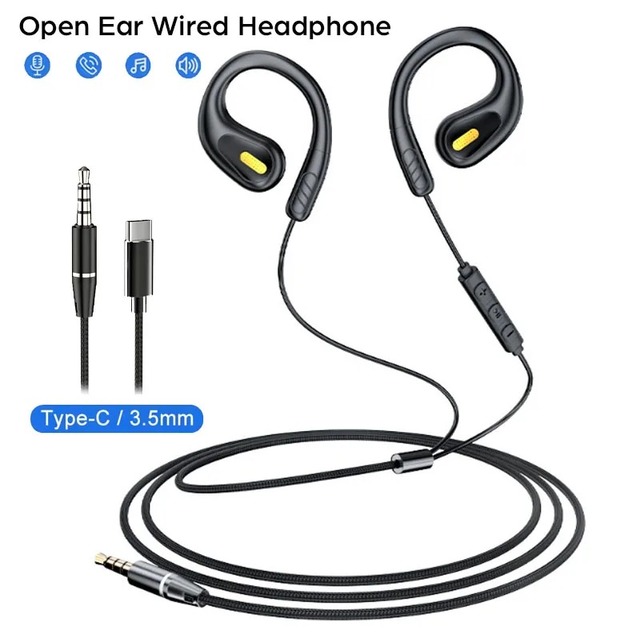 Type-C Wired Earbuds ENC Noise Cancellation IPX-3 Waterproof In-Ear Ear Hanging Control Earhook Surround Hifi Stereo Bass Sports