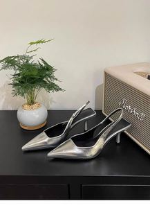 Sandalias de Tacón Fino con Punta en Pico Plateadas, Elegantes, Estilo Francés, Sin Talón, Formales, para Mujer, Primavera, Verano, Otoño - Product Image 3