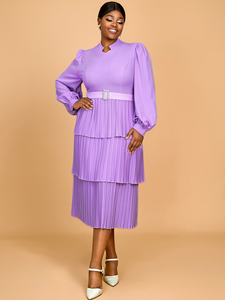 AM050105 Lanterna Roxa Manga Plissada Vestidos Roupas Africanas Plus Size Elegante Casual Vestido Em Camadas Chiffon - Product Image 2
