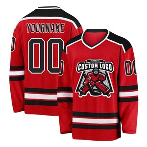 Maillot de hockey personnalisé à prix abordable, rouge, noir, blanc, imprimé par sublimation, col en V, manches longues, anti-humidité, vêtements pour hommes adultes - Product Image 1