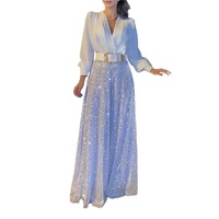 2024 nouveau élégant mince col en v à manches longues chemise coupe ample taille haute ceinture paillettes solide jambe large ensemble pour le printemps été