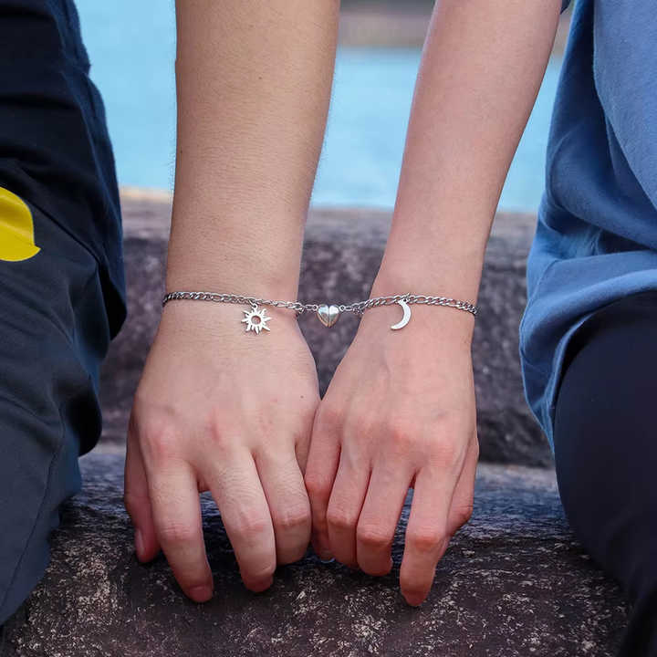 FCJ 2pcs Stainless Steel Bracelets for Men and Women Sun Moon Charm Magnet Attraction Jewelry for Valentine's Day