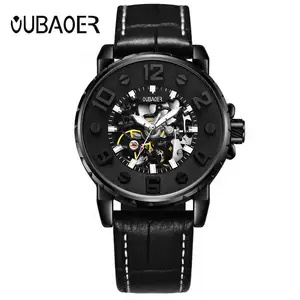 Oubaier 2004 时尚黑色男士机械手表原装真皮表带夜光自风大表盘休闲腕表