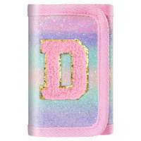 Dompet Lipat Tiga Anak A-Z dengan Glitter, Pelangi Gradasi, Patch Huruf Bulu, Dompet Koin untuk Siswi, Penutup Velcro, Hadiah