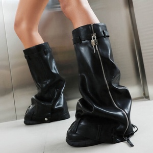 Wide Fit Big Size 48 Women <b>Round</b> <b>Toe</b> Overlay Shoes Lady Lock Shark Booties Cowgirls Zipper Thick Soles Knee High Boots - Product Image 2