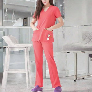 Ensembles de blouses et pantalons pour femmes en polyester et élasthanne, extensibles, pour infirmières, col en V, manches courtes, pantalon évasé, poche latérale, tissu tissé, usage hospitalier - Product Image 3